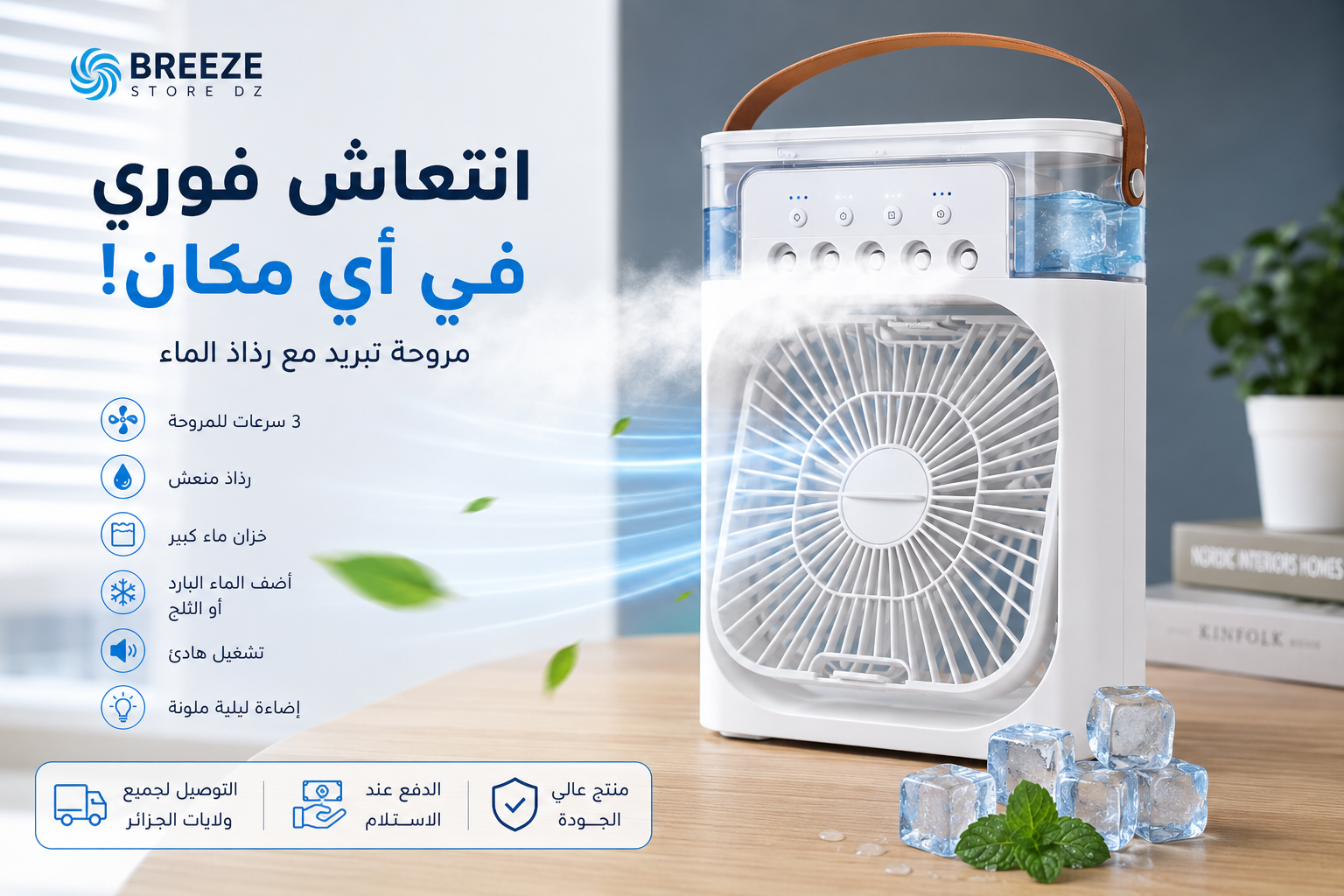 مروحة مبرد الهواء الذكية المحمولة مع رذاذ | Breeze Store DZ